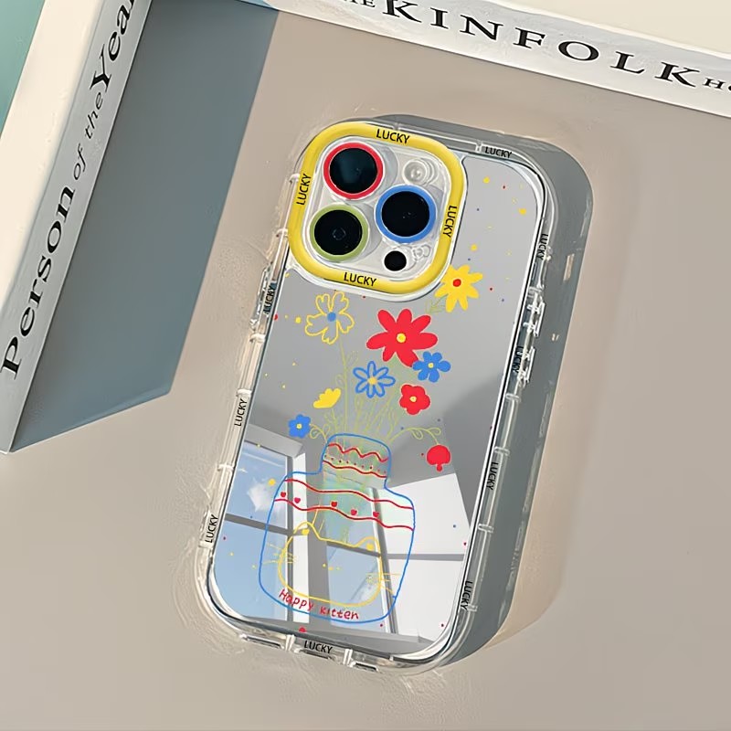 Apple Iphone 15 - 夏のデイジー柄猫花瓶デザインミラー付きスマホケース iPhone 17 13 11 12