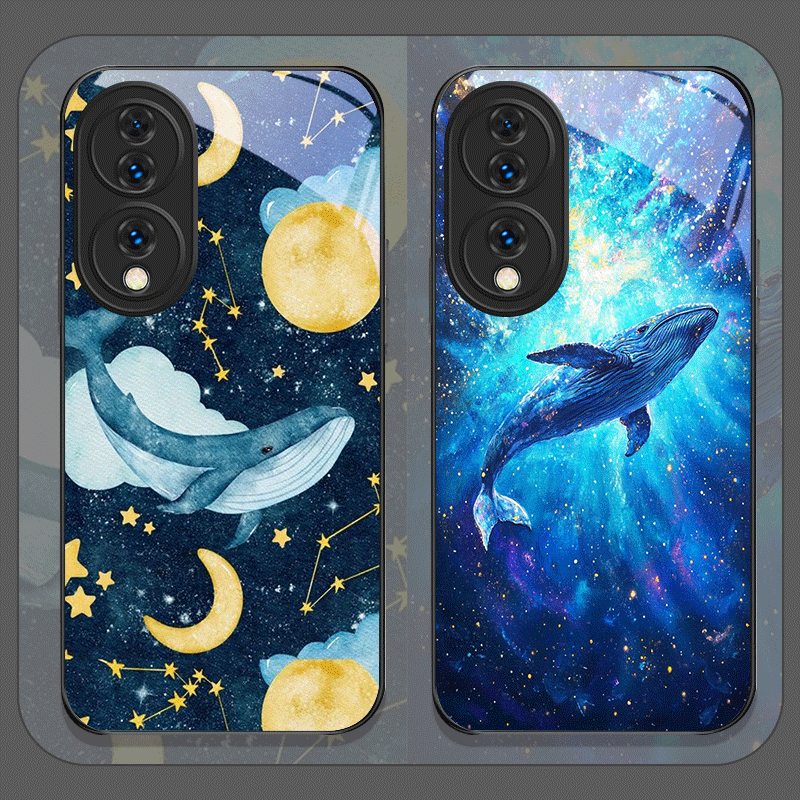 Huawei Mate 60 - 漫画風星空青いクジラプリント強化ガラス製スマホケース Huawei Nova 13 Pro 12