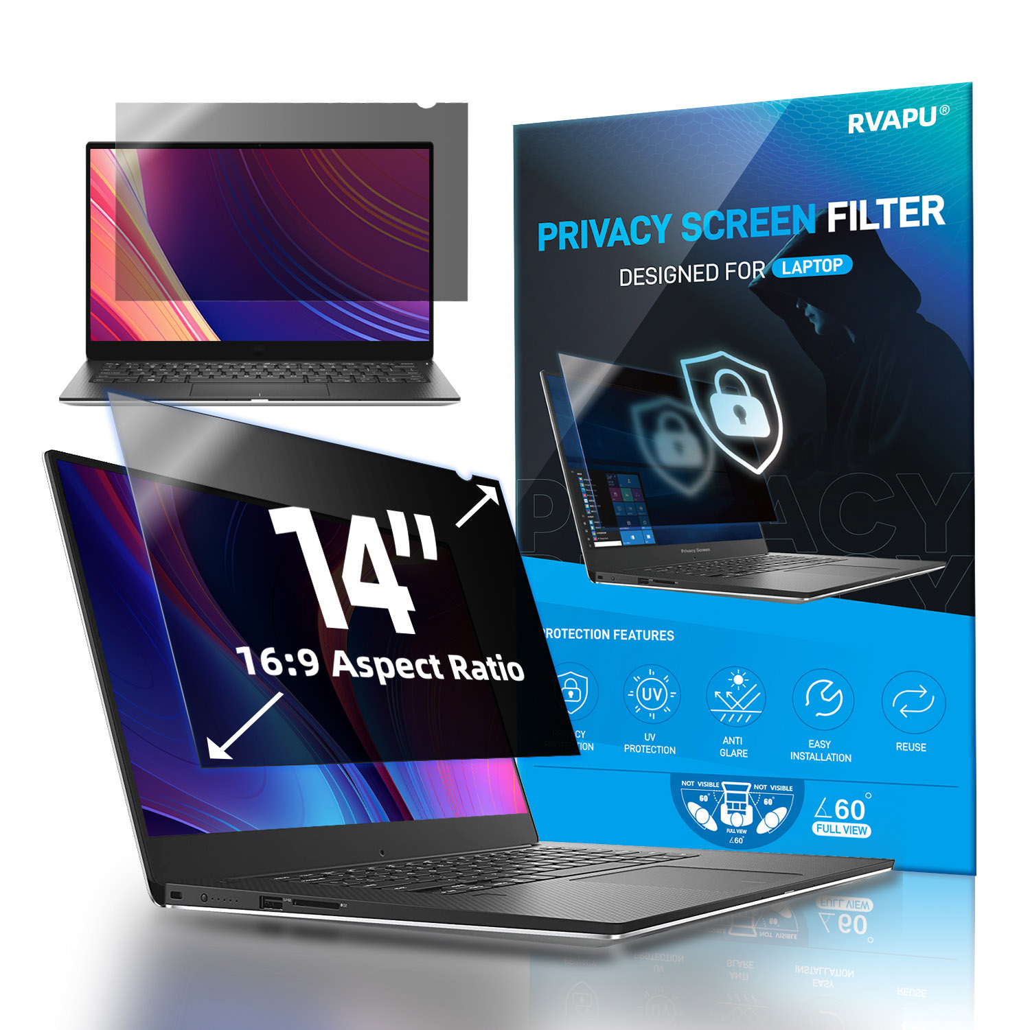 Matte Anti Glare Screen - ラップトップ用の取り外し可能なのぞき見防止スクリーンプロテクター、プライバシースクリーンプロテクター、青い光フィルターフィルム、16:9の比率、ノートブック、PC、14インチ
